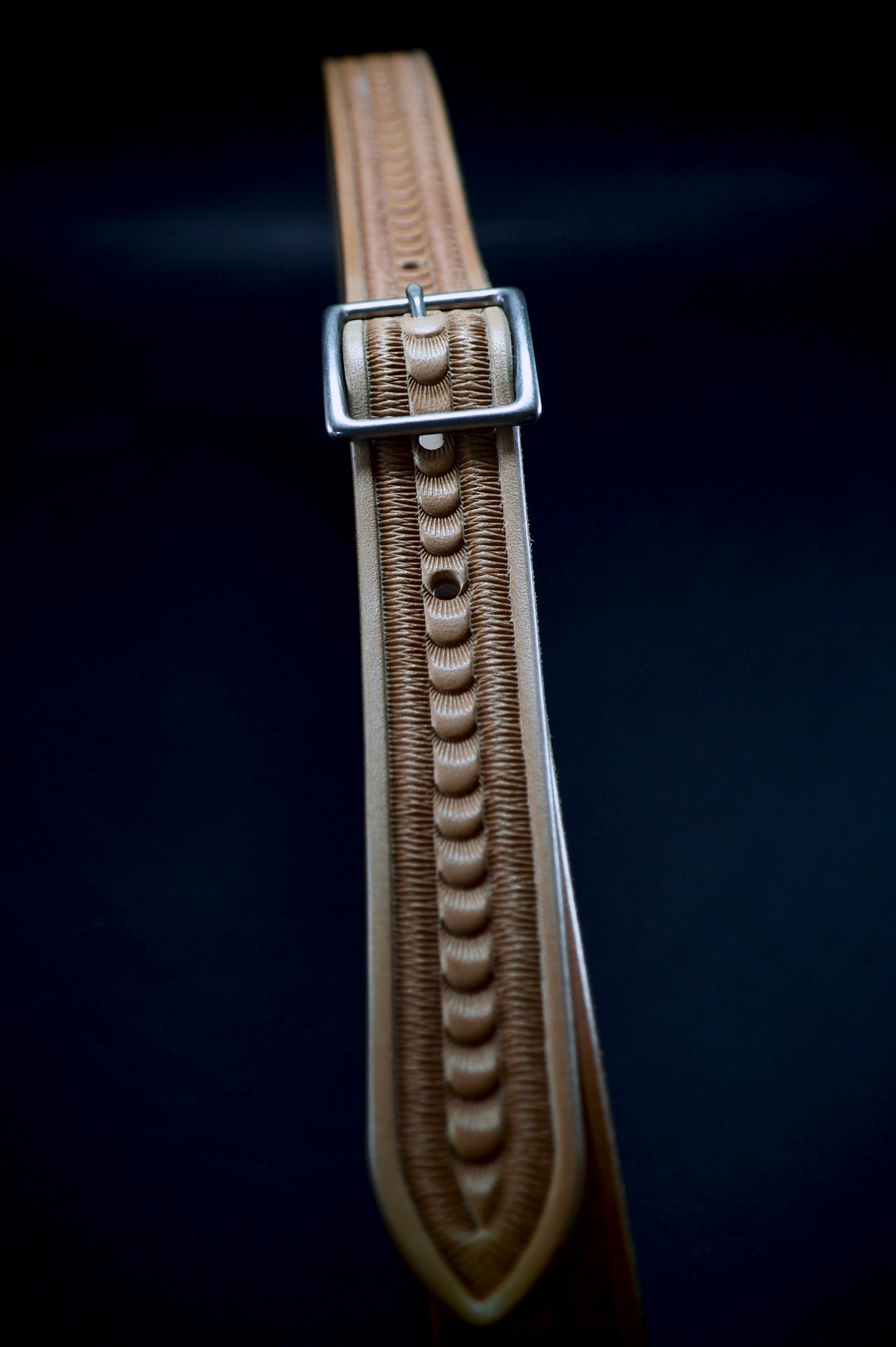 Hand tooled natural Skinny belt. Unique FM design