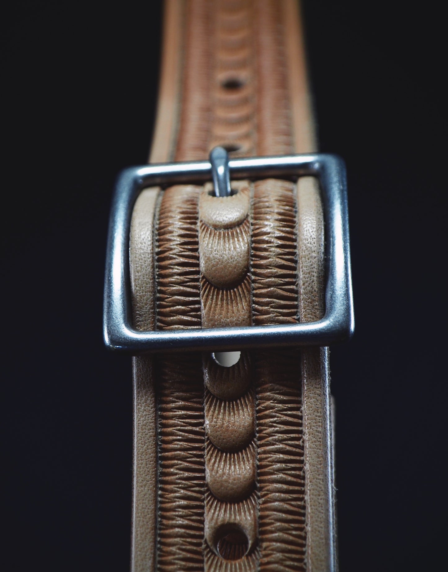 Hand tooled natural Skinny belt. Unique FM design