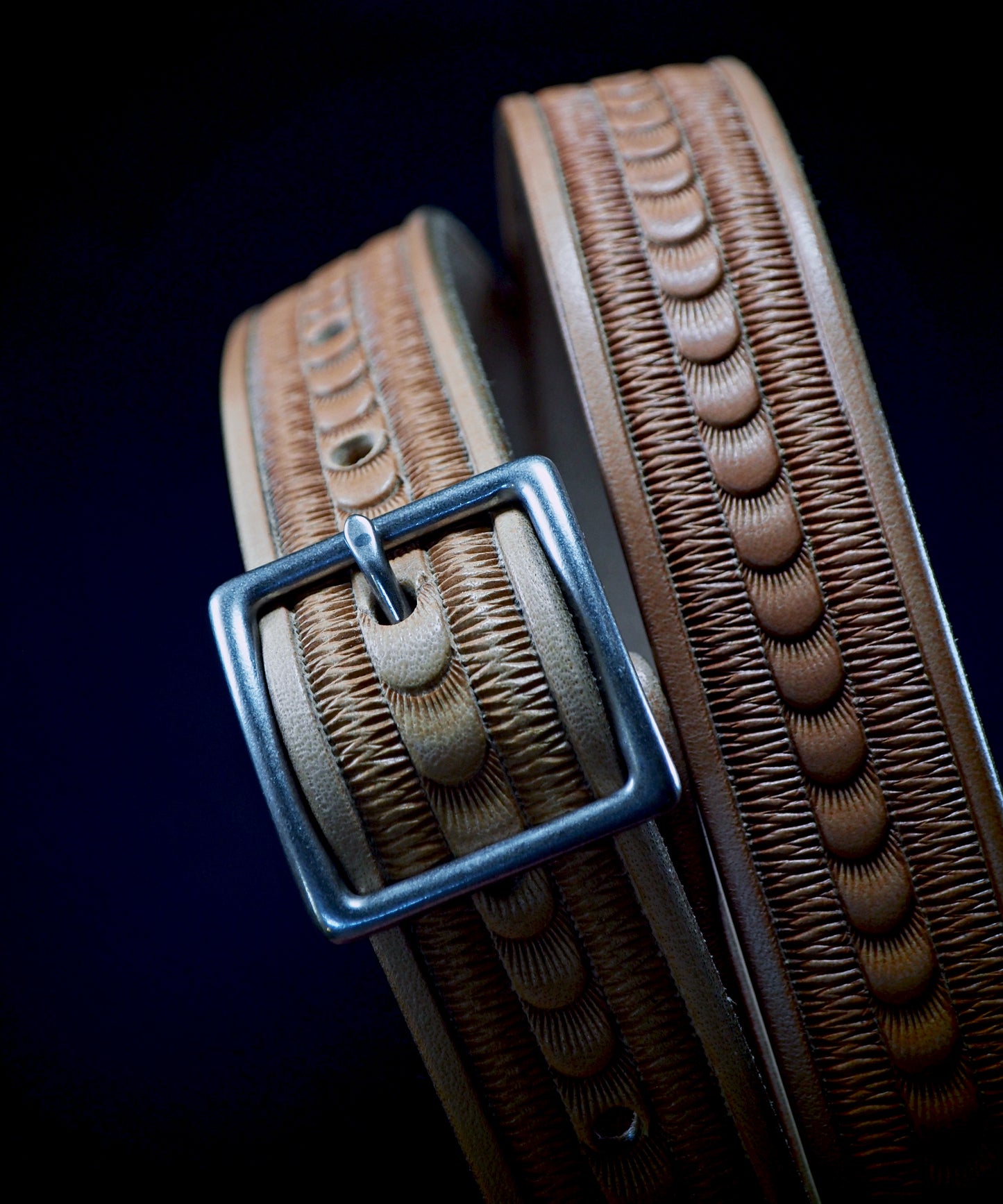 Hand tooled natural Skinny belt. Unique FM design