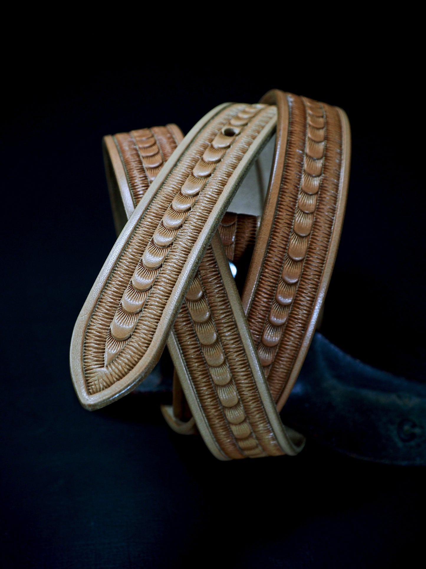 Hand tooled natural Skinny belt. Unique FM design