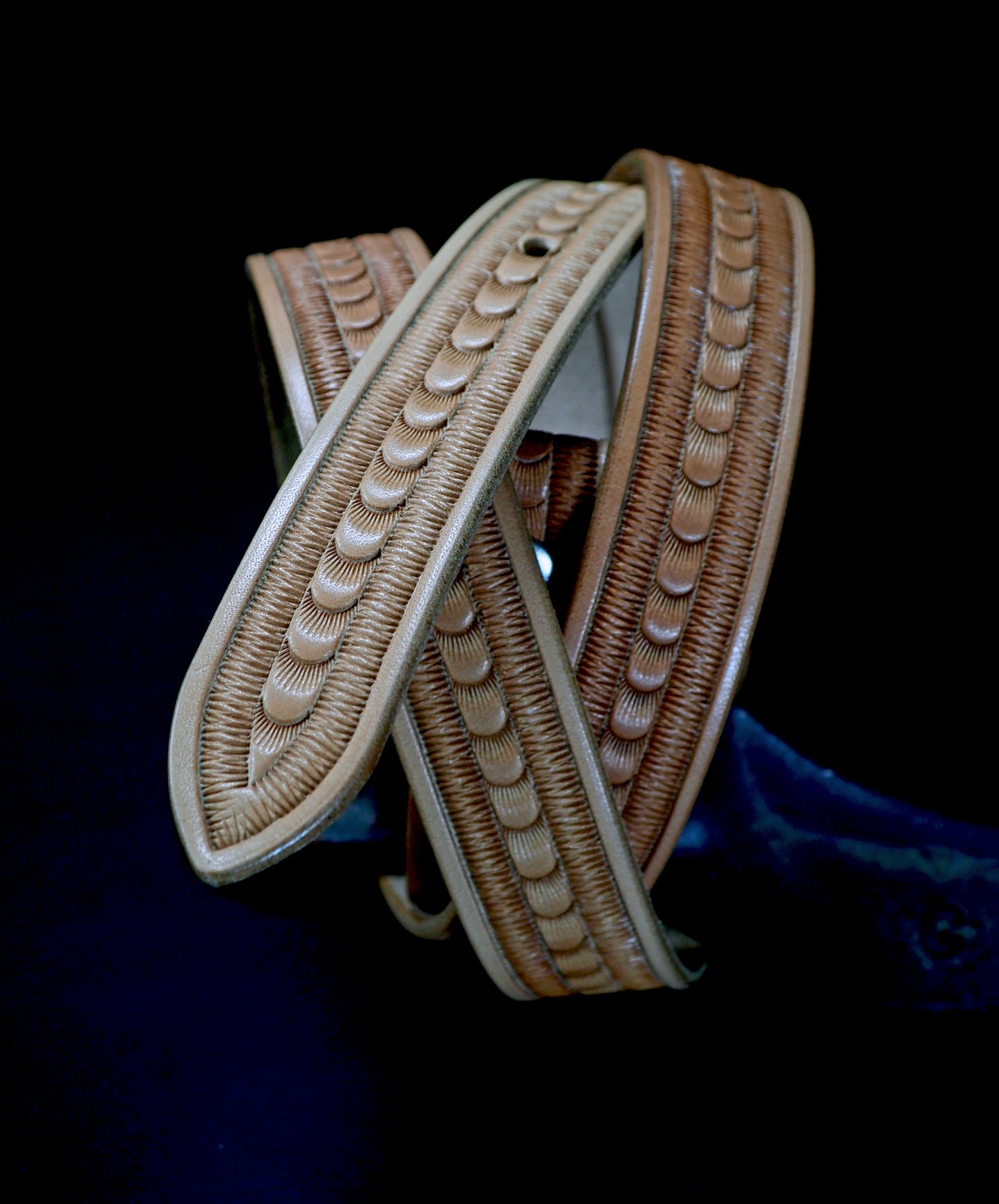 Hand tooled natural Skinny belt. Unique FM design