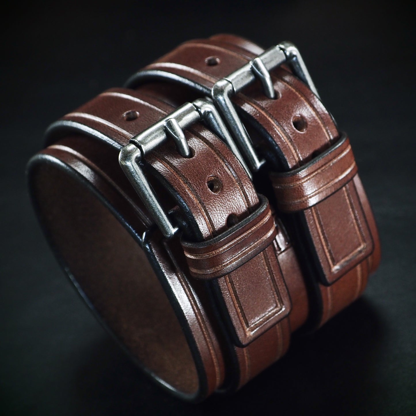 2.5" brown double strap cuff antique nickel hardware