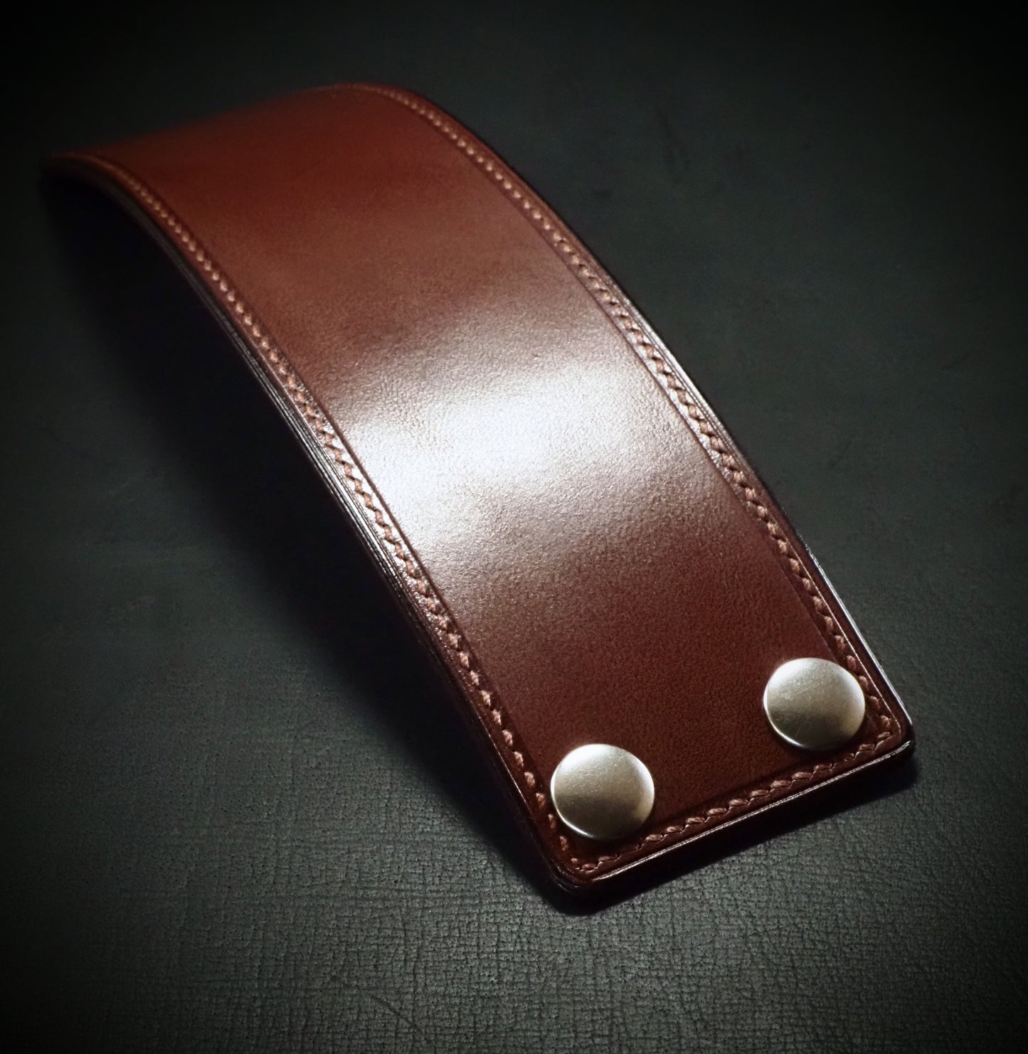 2" brown handstitched snap cuff. Made In NEW YORK, USA Premium Italian Veg-tan leather