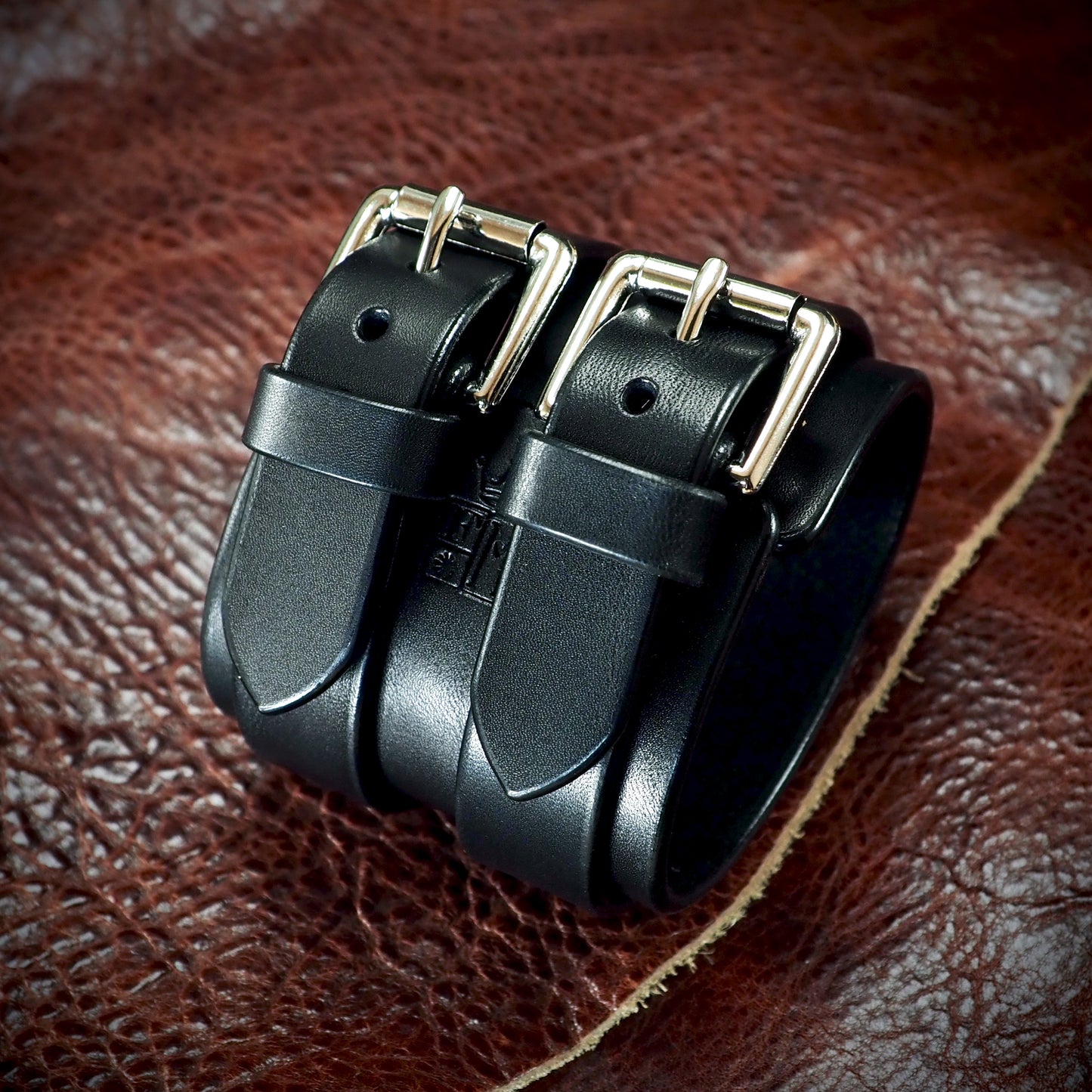 2.5" black double strap Leather cuff polished nickel