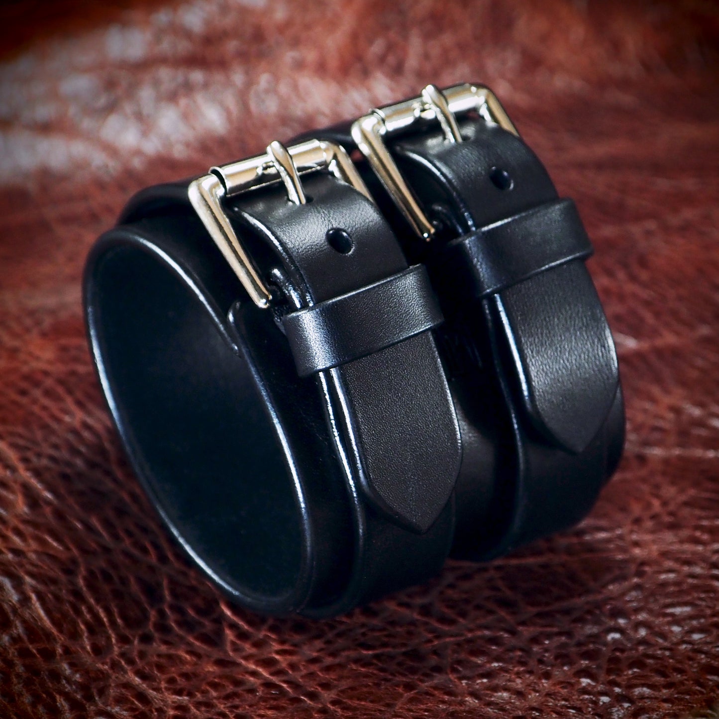 2.5" black double strap Leather cuff polished nickel