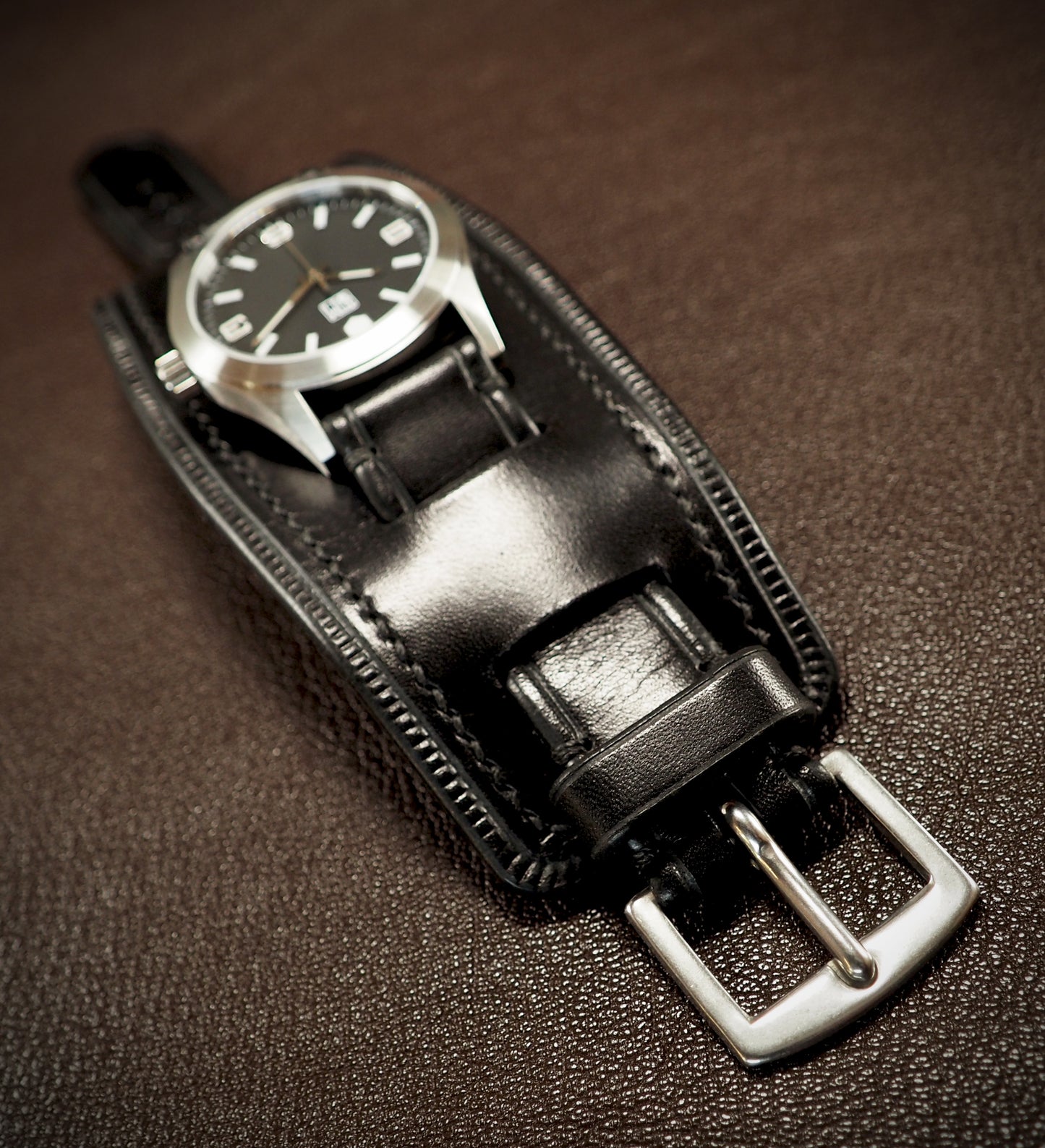 Black Leather cuff watch : Elevated American craft