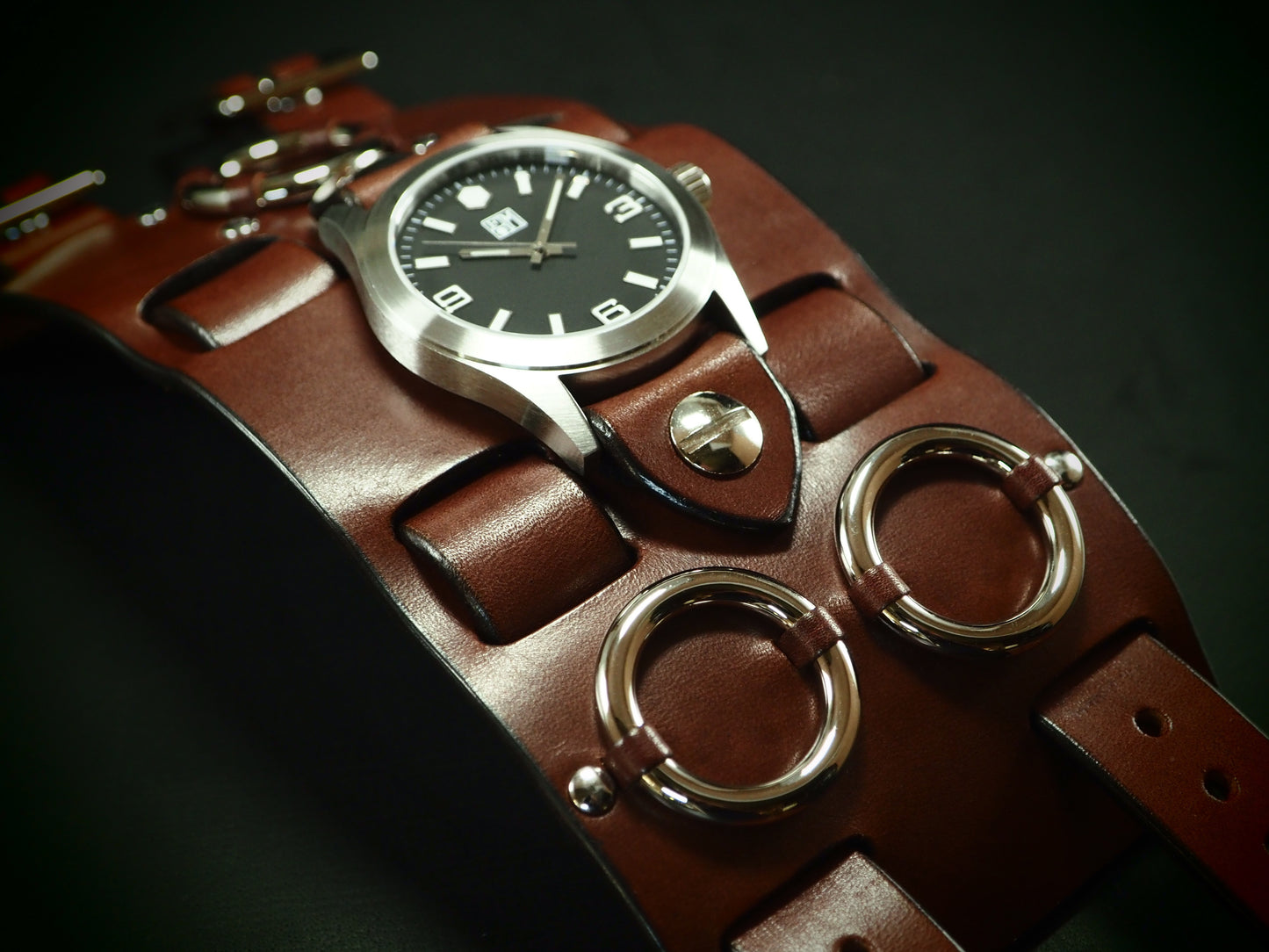 Rich Brown Leather cuff watch: Chrome rings! Wide, Slick vintage design!