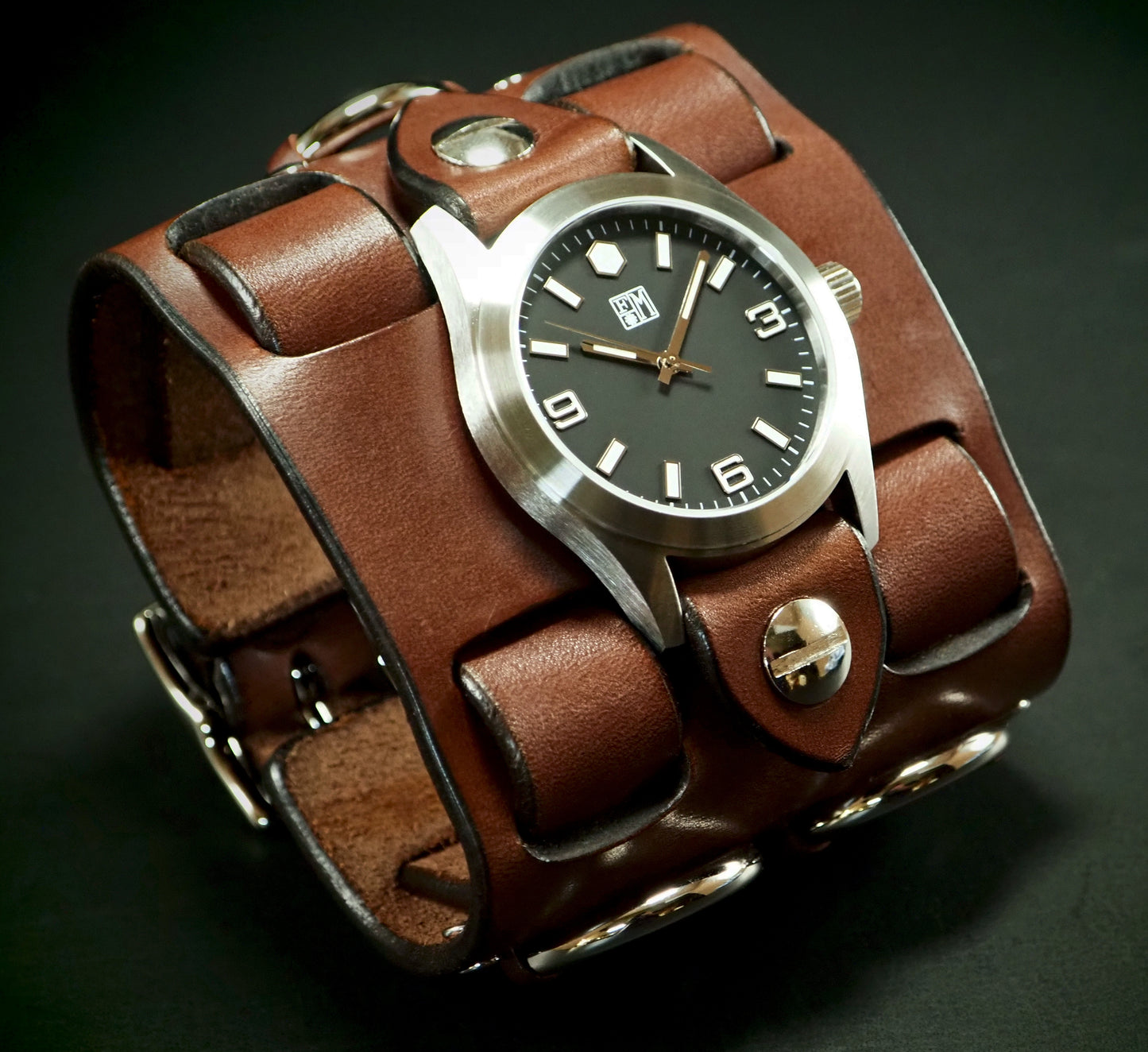 Rich Brown Leather cuff watch: Chrome rings! Wide, Slick vintage design!