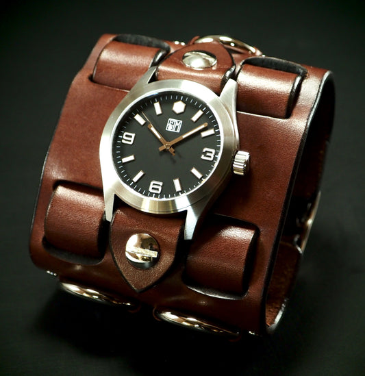 Rich Brown Leather cuff watch: Chrome rings! Wide, Slick vintage design!