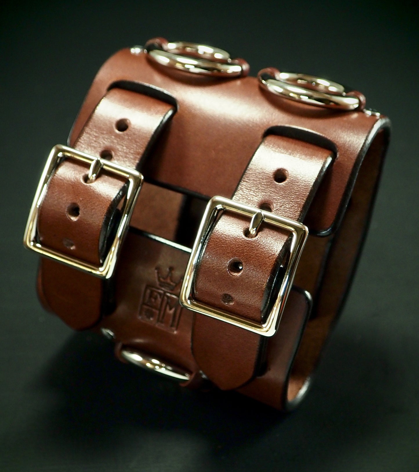 Rich Brown Leather cuff watch: Chrome rings! Wide, Slick vintage design!