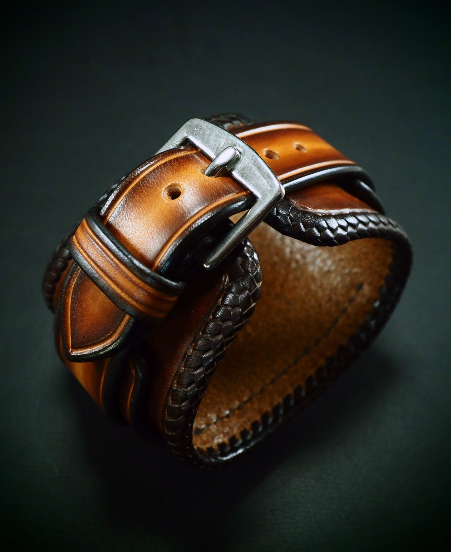 Braided leather watchband: Sunburst Leather cuff watch