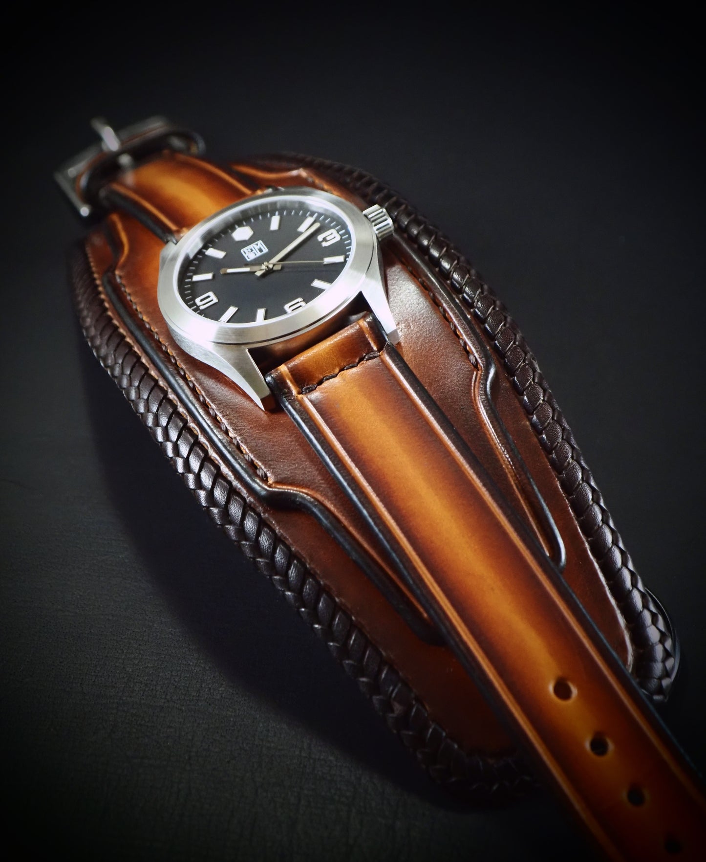 Braided leather watchband: Sunburst Leather cuff watch