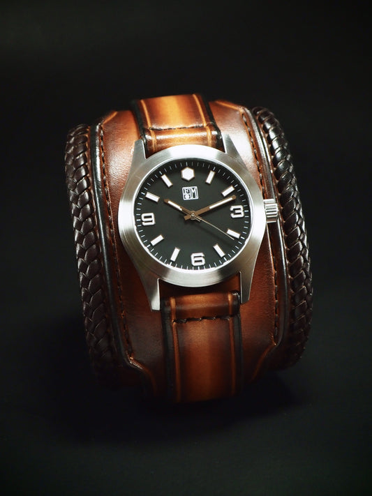 Braided leather watchband: Sunburst Leather cuff watch