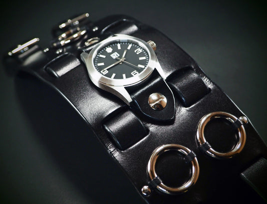 Black Leather cuff watch: Elvis 68 style! Wide, Slick vintage design!