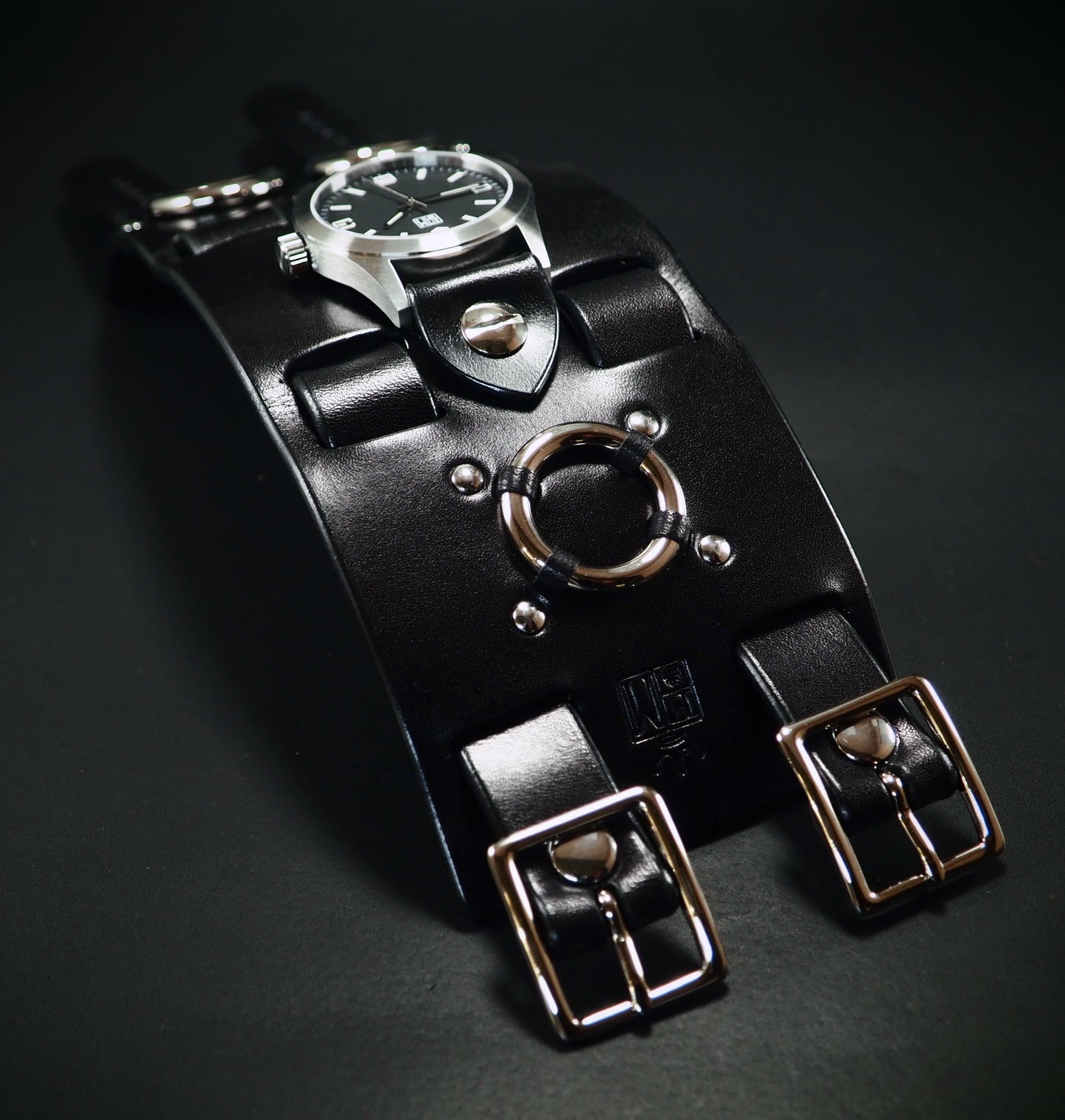 Black Leather cuff watch: Elvis 68 style! Wide, Slick vintage design!