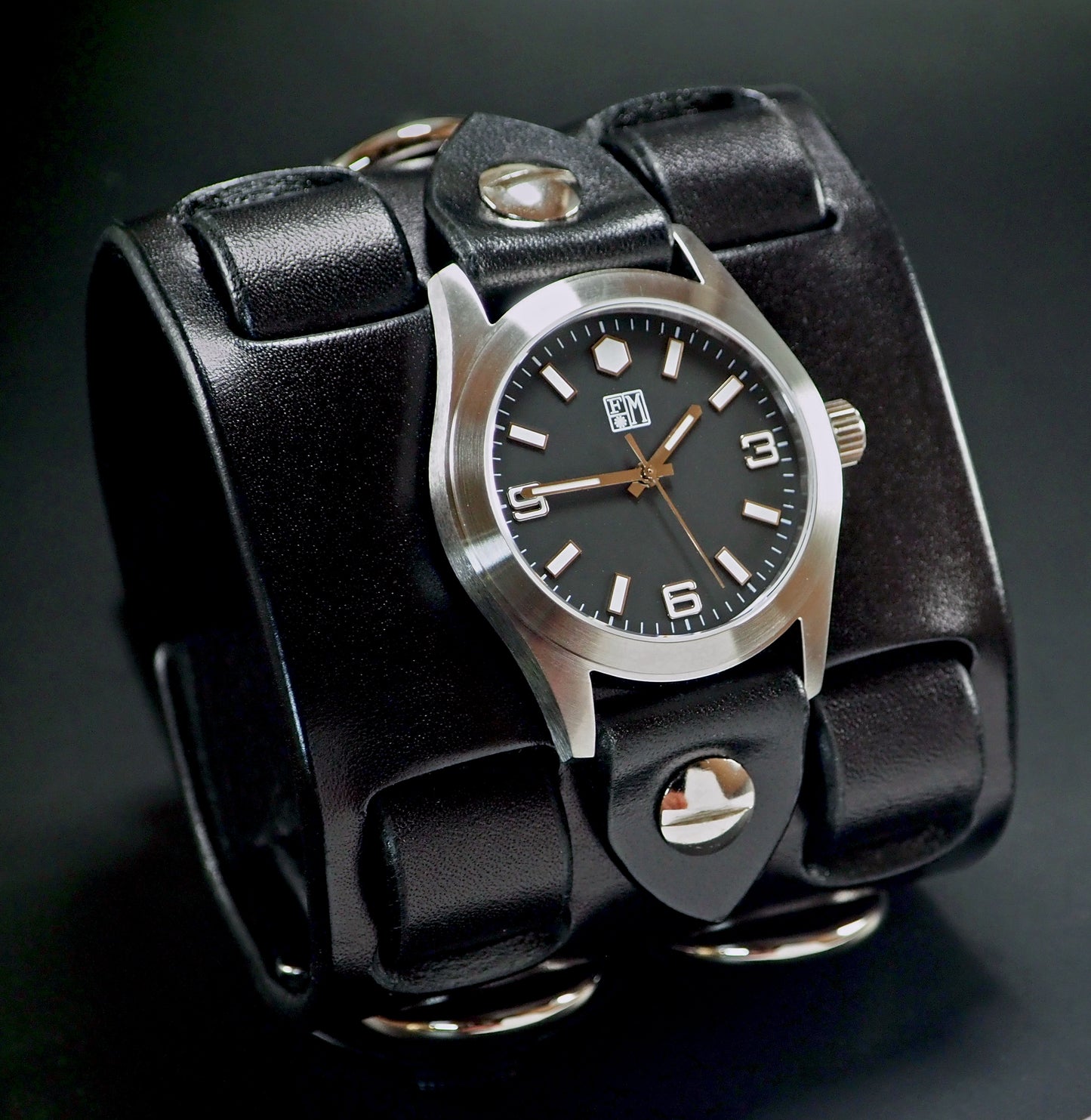 Black Leather cuff watch: Elvis 68 style! Wide, Slick vintage design!