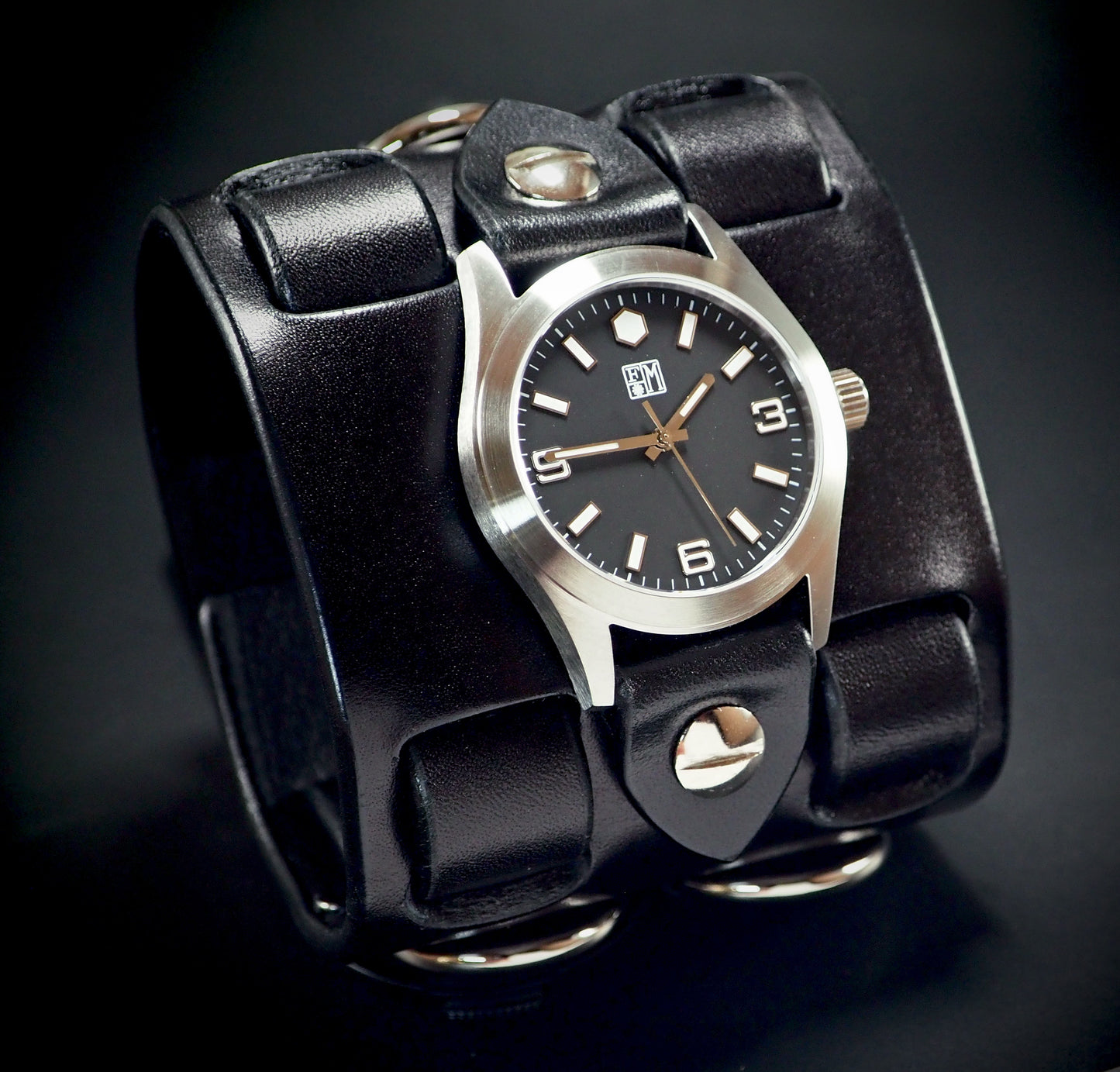 Black Leather cuff watch: Elvis 68 style! Wide, Slick vintage design!