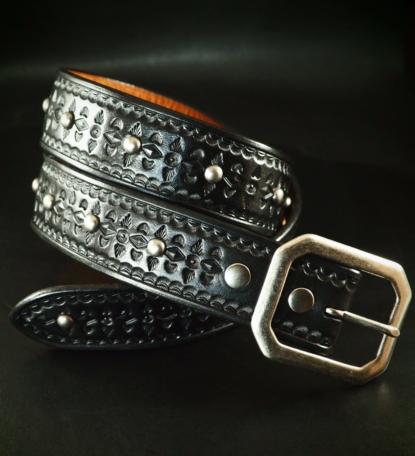 Hand studded Hand tooled and stamped belt 1-3/4"