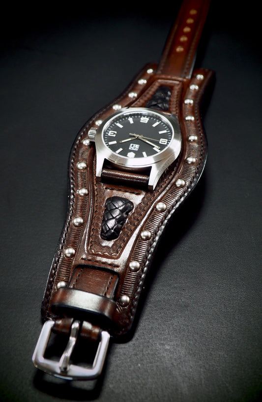 Rockstar hand stamped Leather cuff watch : Rich walnut leather watchband. Hand Made In New York