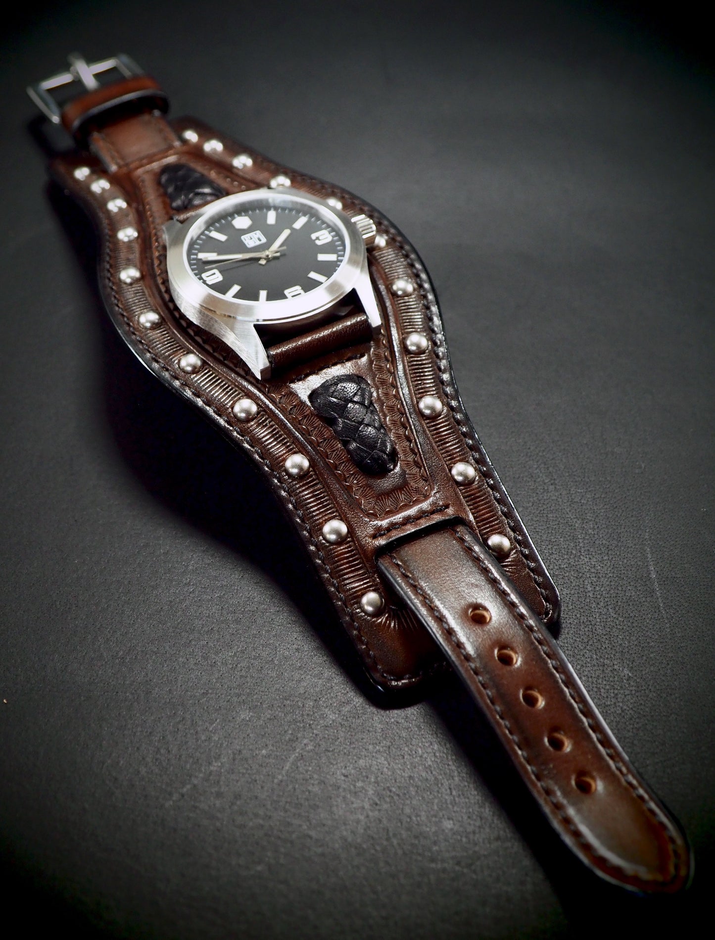 Rockstar hand stamped Leather cuff watch : Rich walnut leather watchband. Hand Made In New York