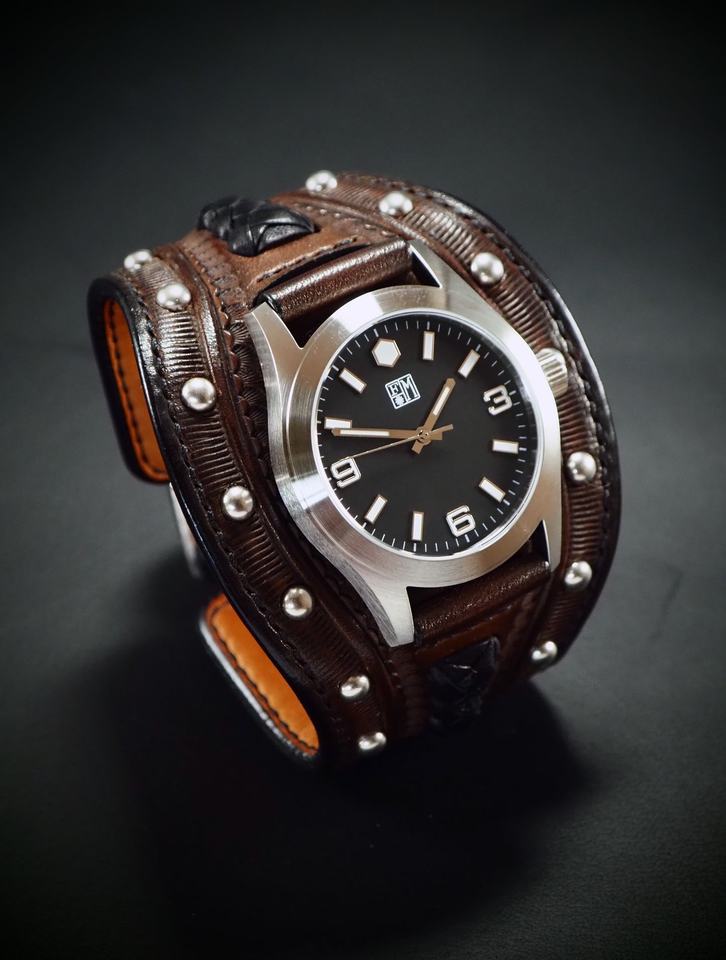 Rockstar hand stamped Leather cuff watch : Rich walnut leather watchband. Hand Made In New York