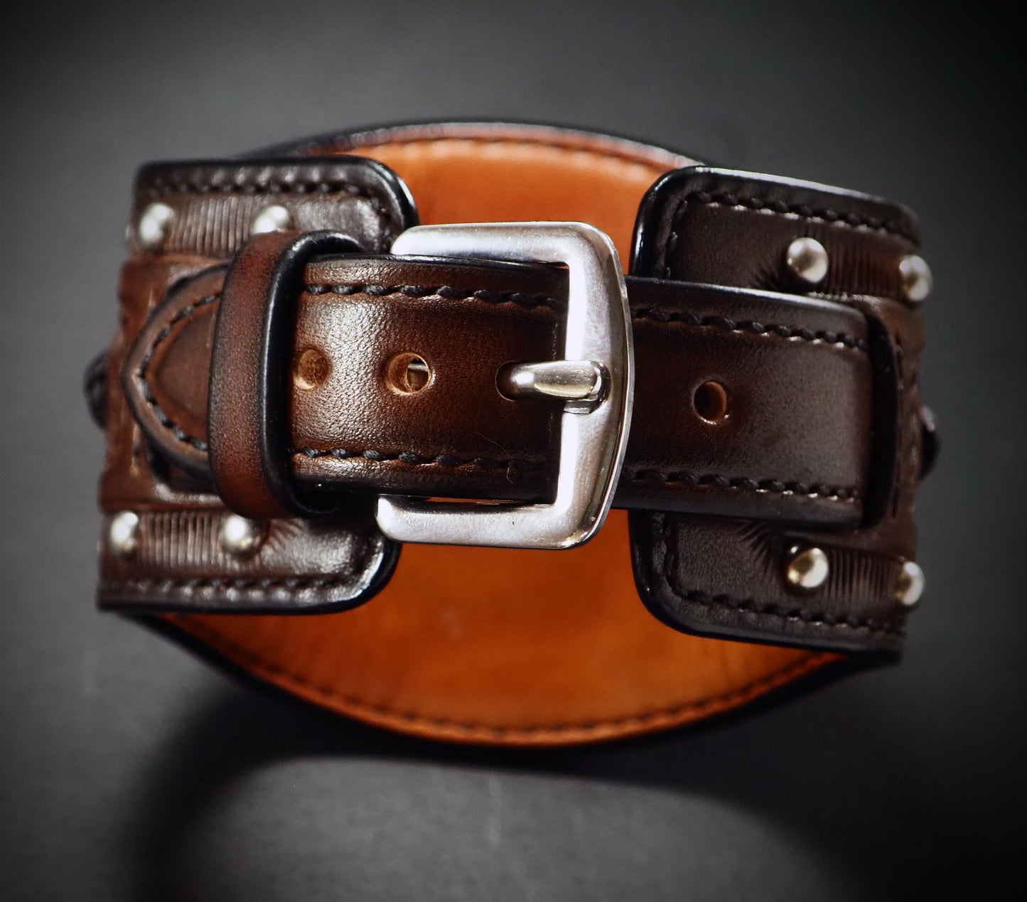Rockstar hand stamped Leather cuff watch : Rich walnut leather watchband. Hand Made In New York