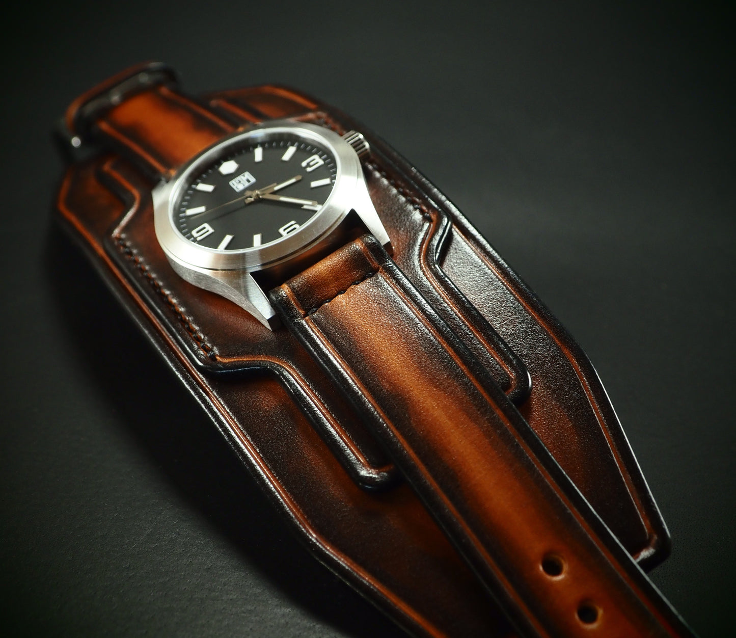 Leather cuff watch Sunburst Hex face : Rich layered leather watchband.