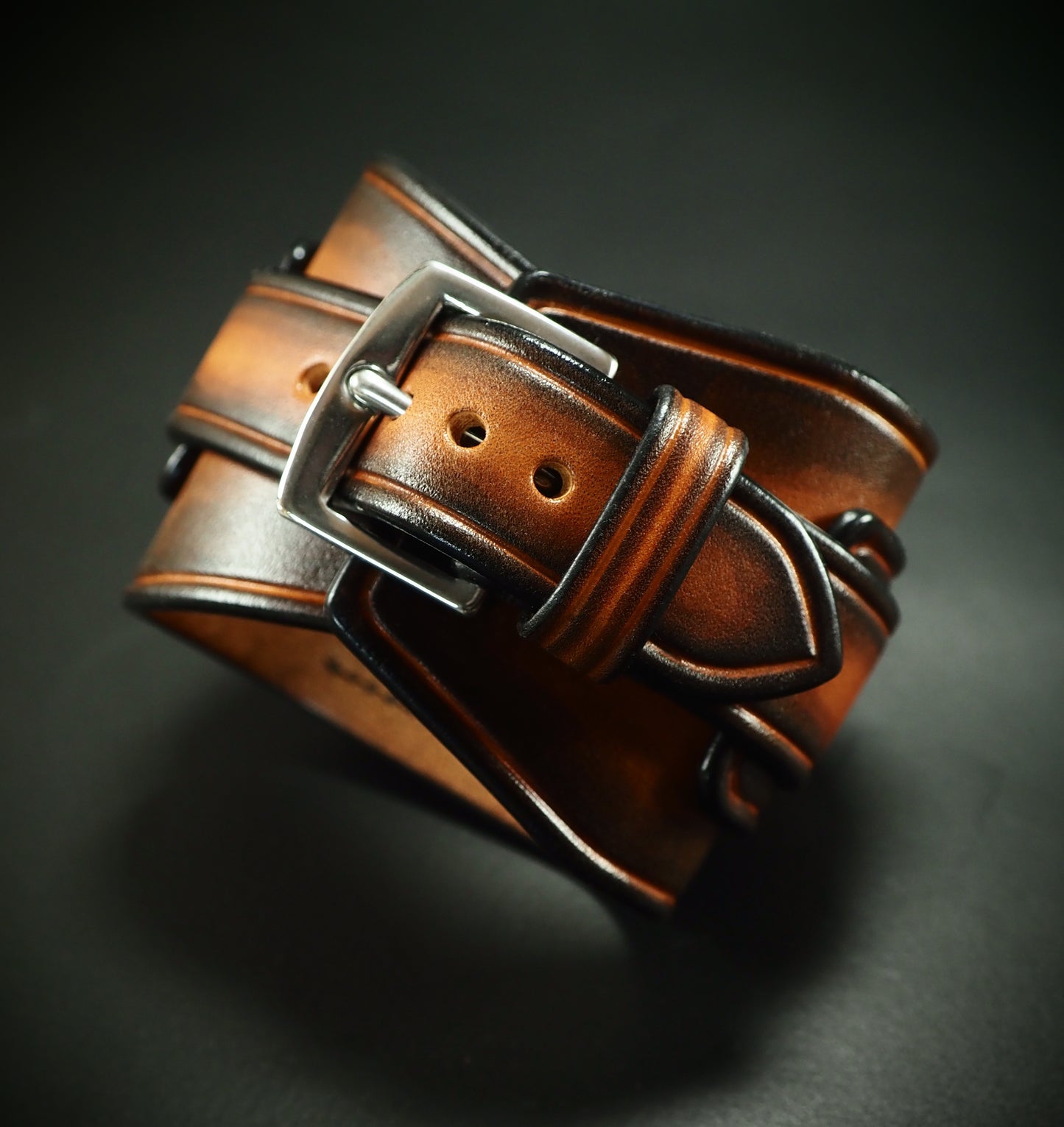 Leather cuff watch Sunburst Hex face : Rich layered leather watchband.