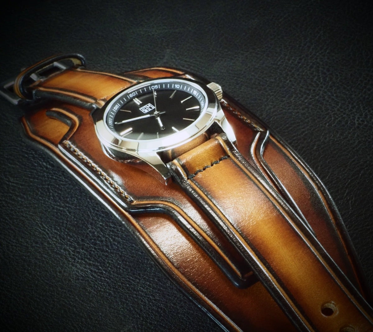 Sunburst Leather cuff watch : Rich tones layered leather watchband. Hand Made In New York