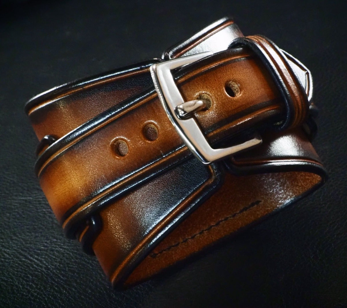 Sunburst Leather cuff watch : Rich tones layered leather watchband. Hand Made In New York