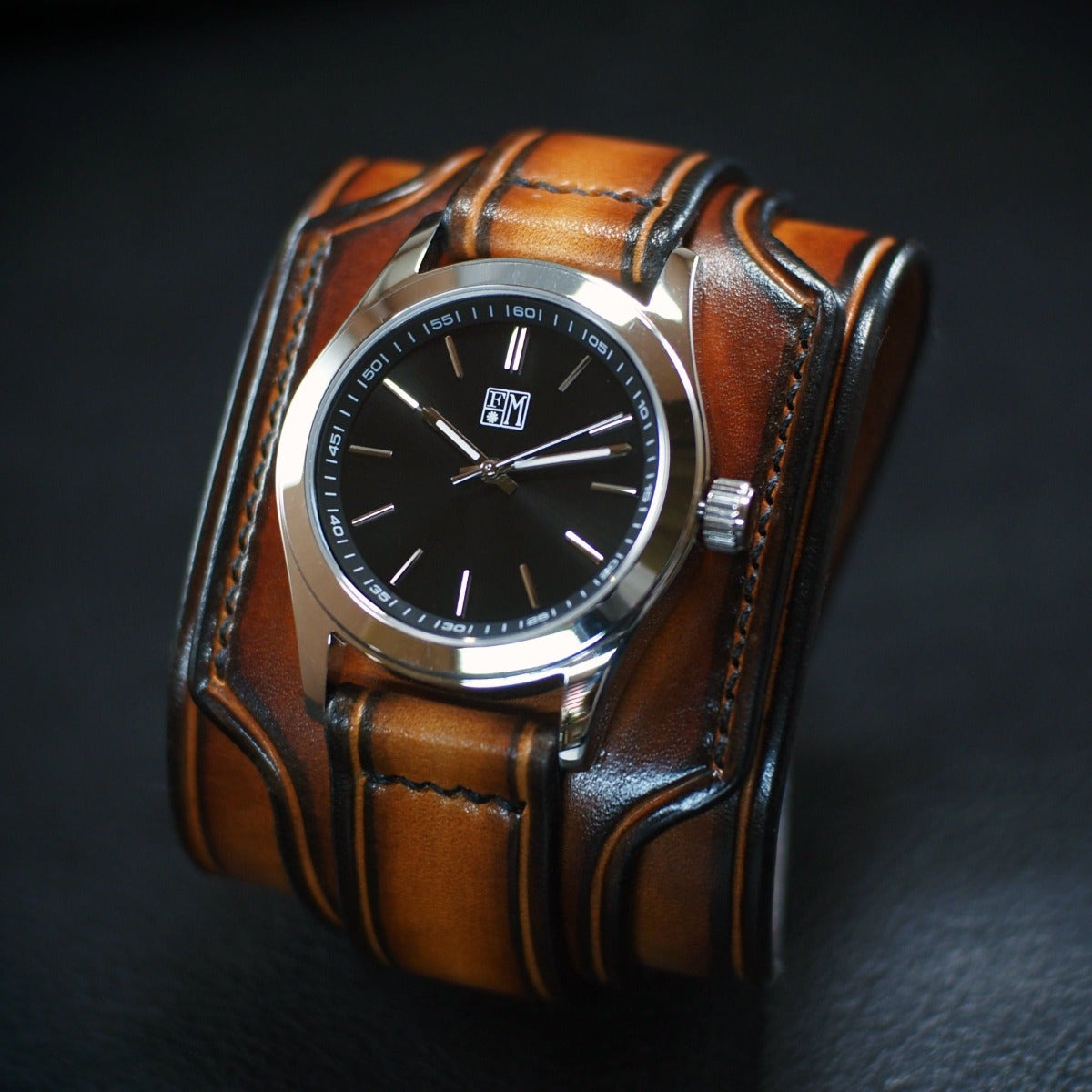 Sunburst Leather cuff watch : Rich tones layered leather watchband. Hand Made In New York