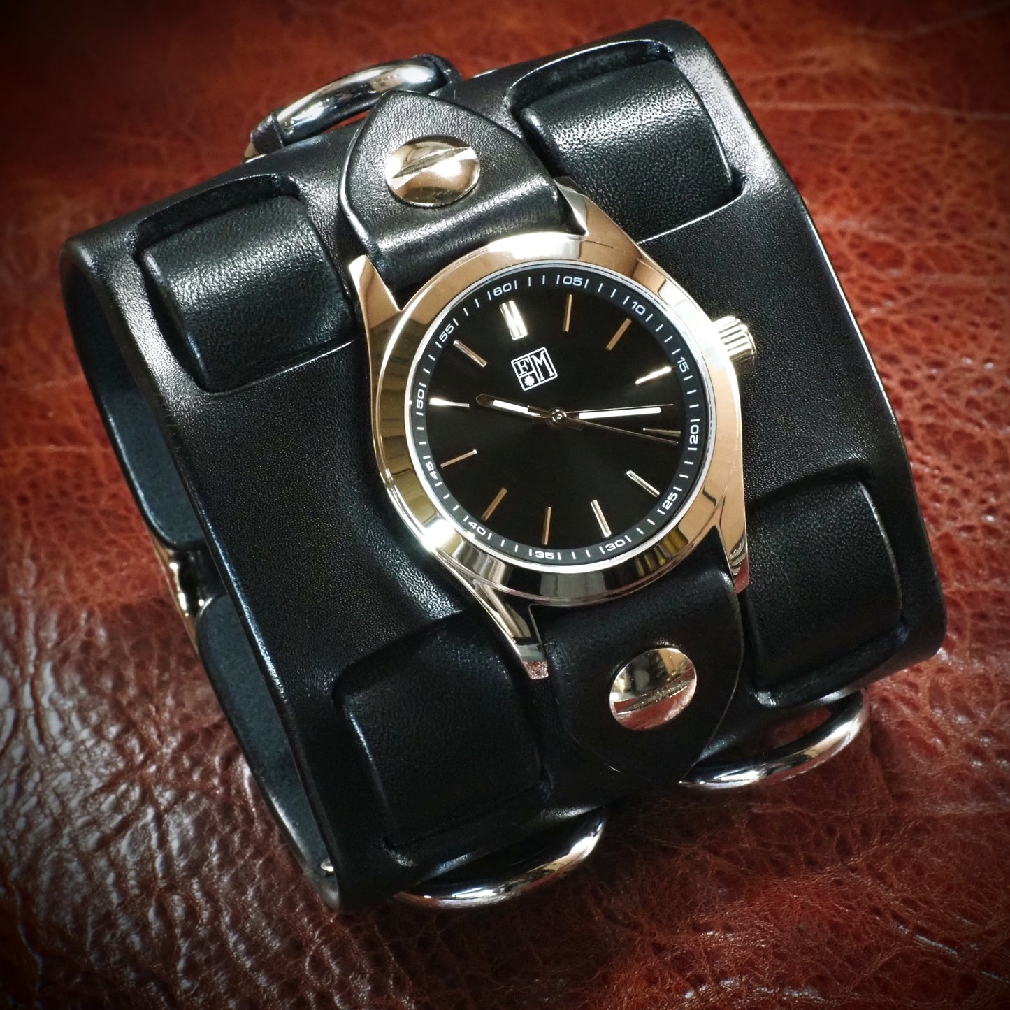 Black Leather cuff watch: Elvis Metal style! Wide, Slick vintage design!