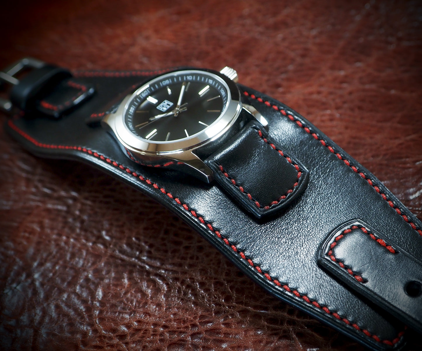 Black leather Cuff Watch, Tuscan leather, vegetable tanned, Freddie Matara New York