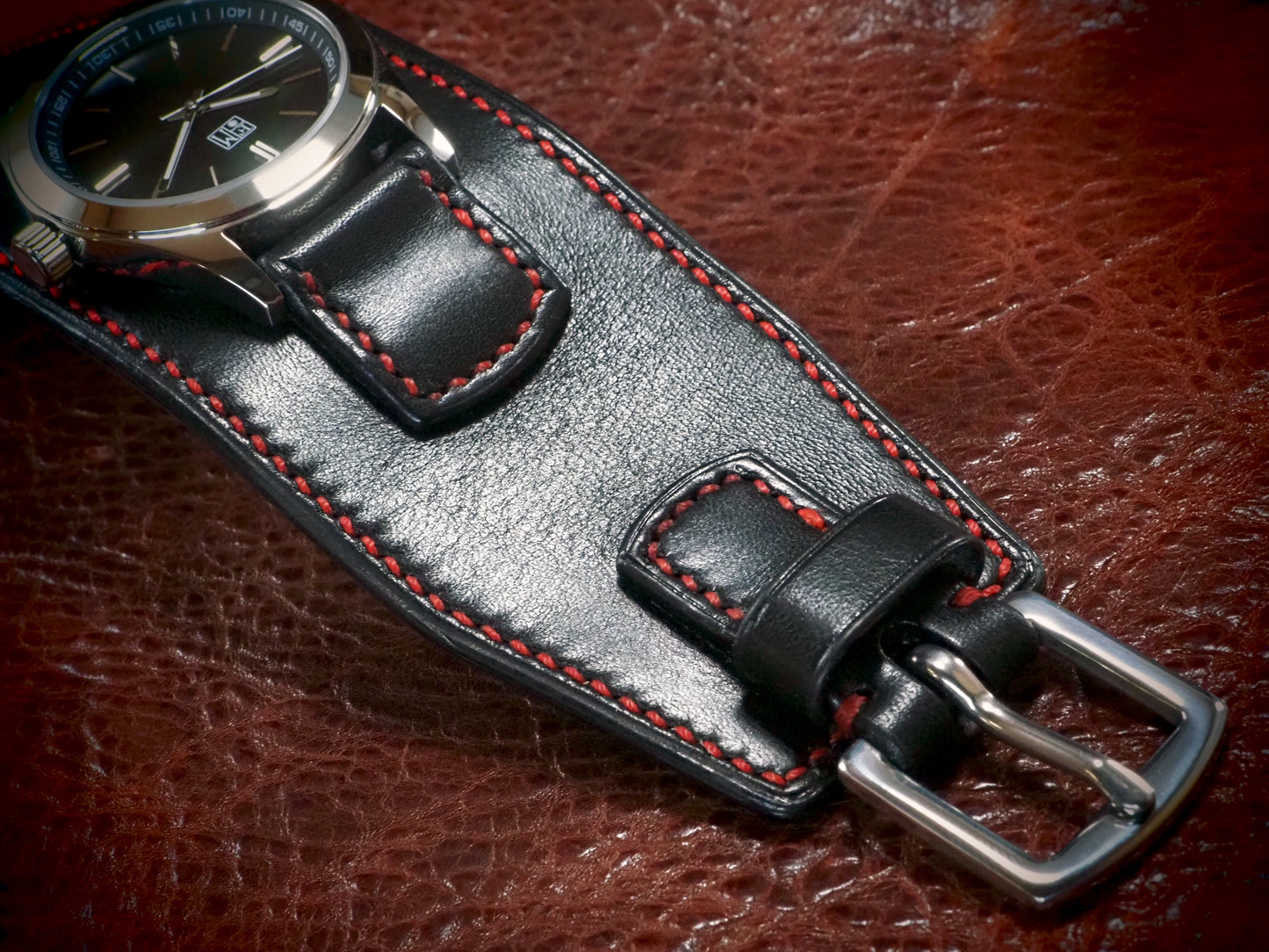 Black leather Cuff Watch, Tuscan leather, vegetable tanned, Freddie Matara New York