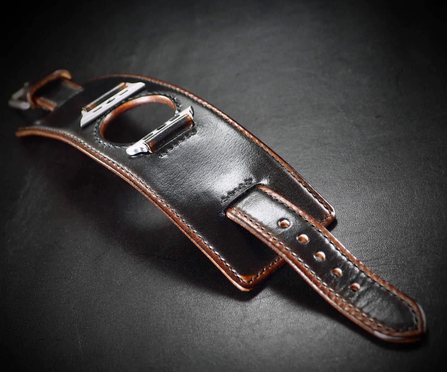 Apple Ultra watchband black distressed handstitched Veg-Tan