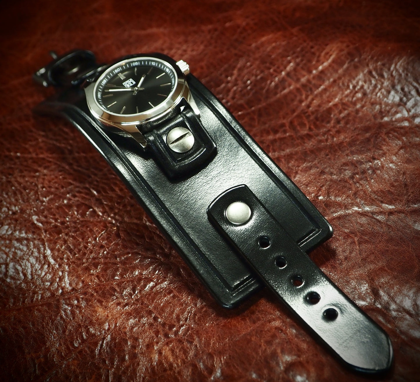 Black Leather cuff watch : Refined American craft