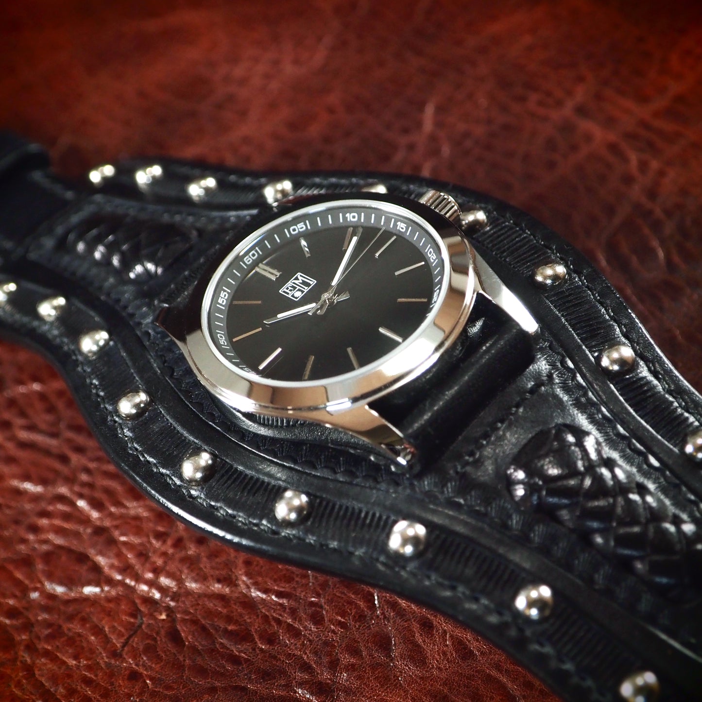Black hand tooled Leather cuff watch : Rich techniques leather watchband. Hand Made In New York