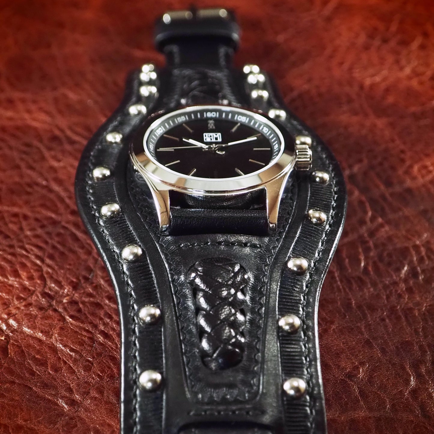 Black hand tooled Leather cuff watch : Rich techniques leather watchband. Hand Made In New York