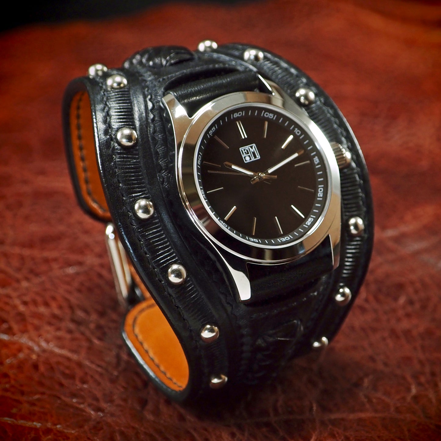 Black hand tooled Leather cuff watch : Rich techniques leather watchband. Hand Made In New York
