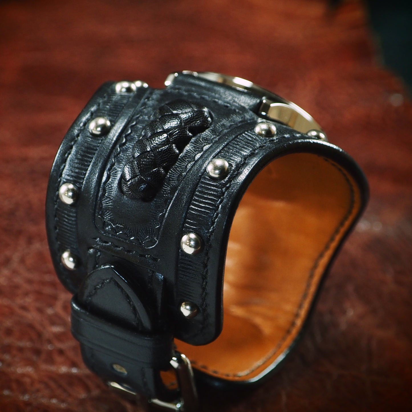 Black hand tooled Leather cuff watch : Rich techniques leather watchband. Hand Made In New York
