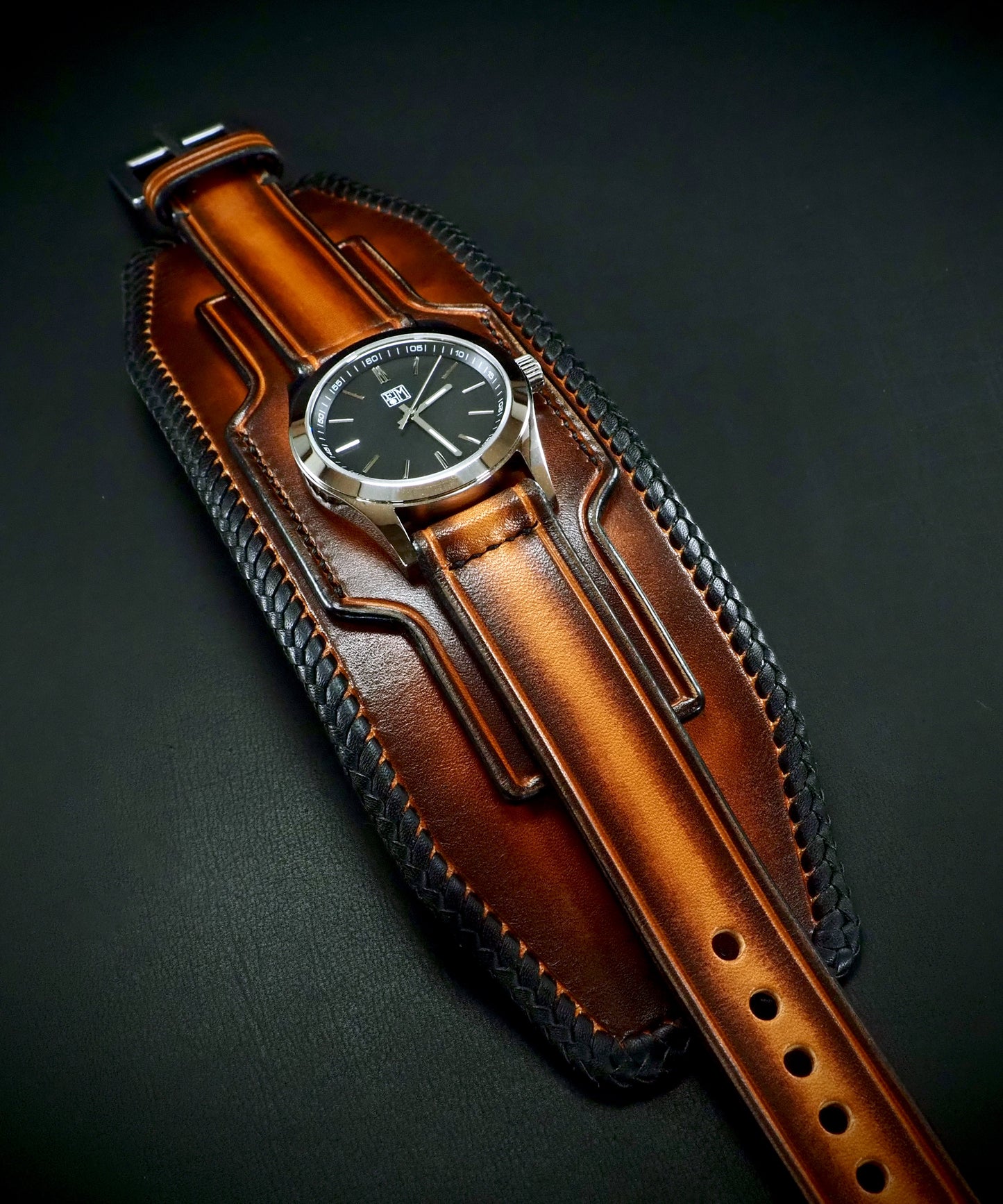 Laced edge Sunburst Leather cuff watch : Rich tones layered leather watchband. Hand Made