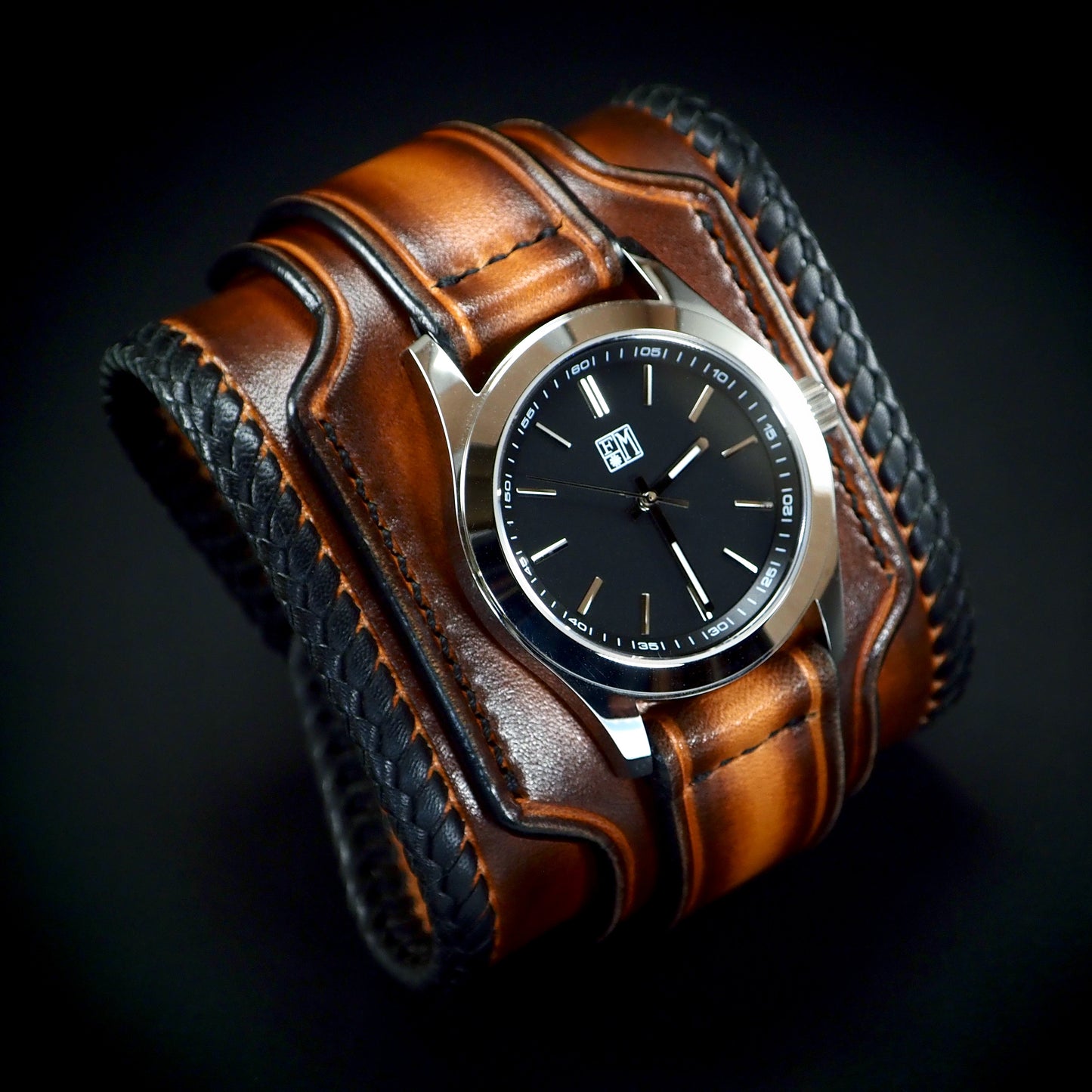 Laced edge Sunburst Leather cuff watch : Rich tones layered leather watchband. Hand Made