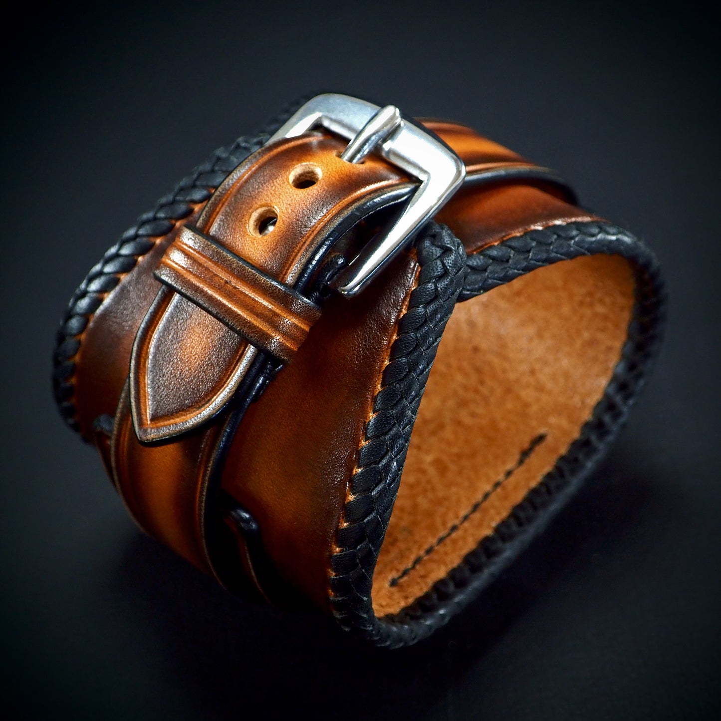 Laced edge Sunburst Leather cuff watch : Rich tones layered leather watchband. Hand Made