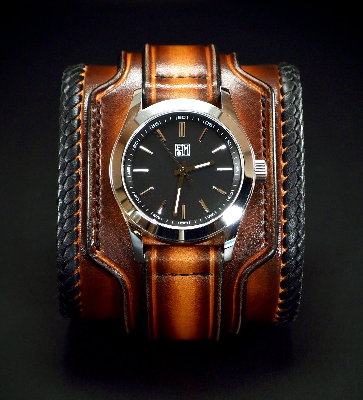 Laced edge Sunburst Leather cuff watch : Rich tones layered leather watchband. Hand Made