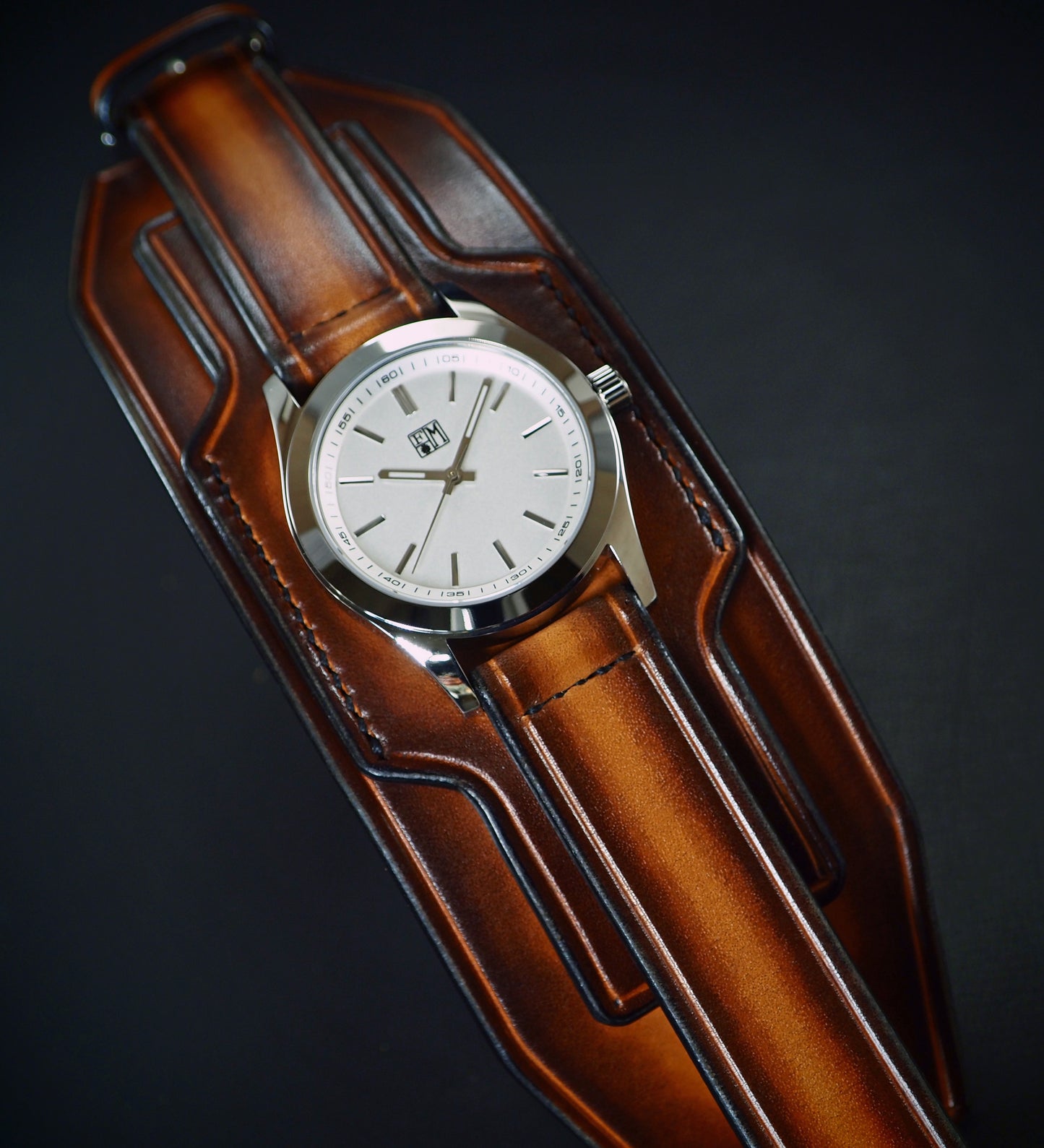 Sunburst Leather cuff watch White face : Rich tones layered leather watchband.