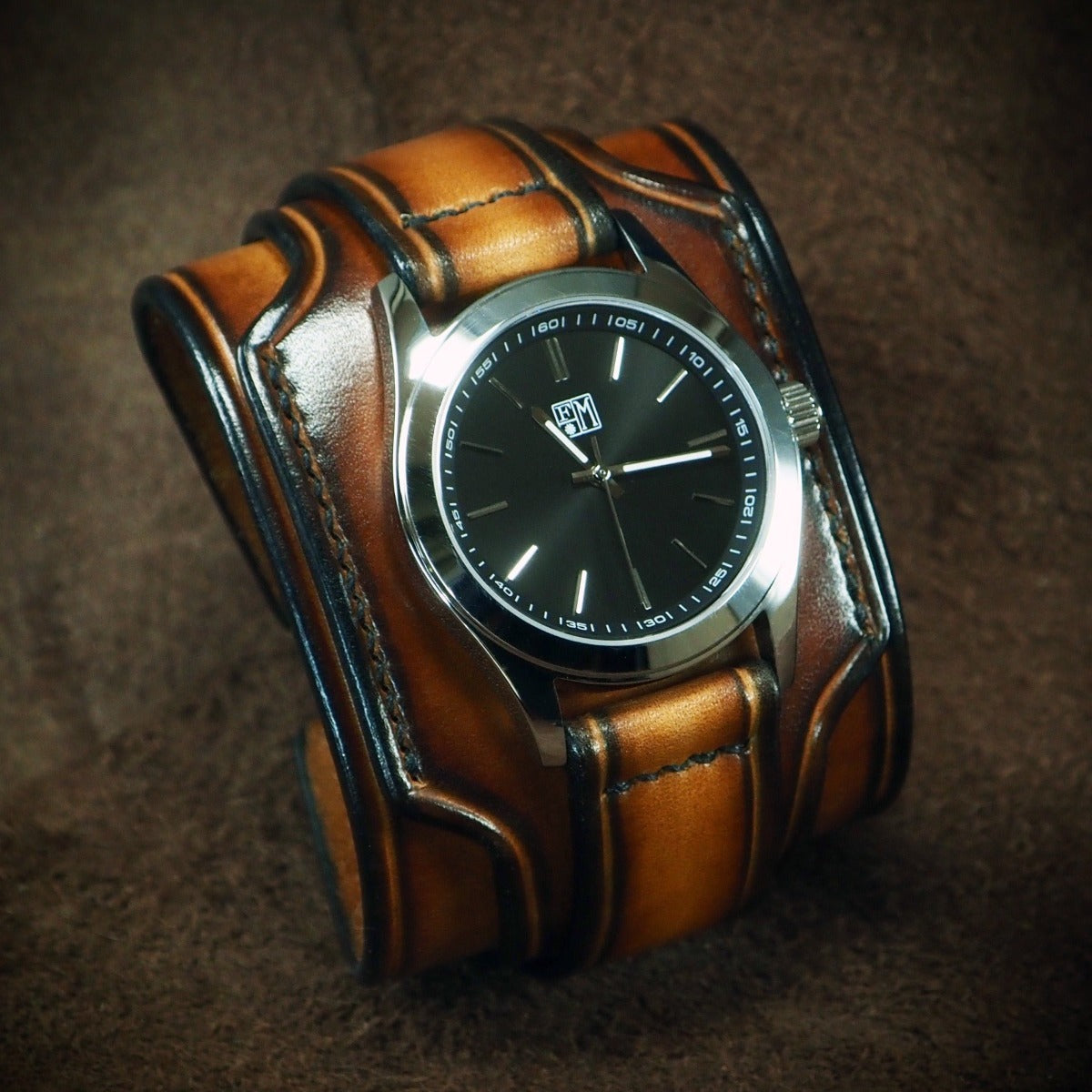 Sunburst Leather cuff watch : Rich tones layered leather watchband. Hand Made In New York