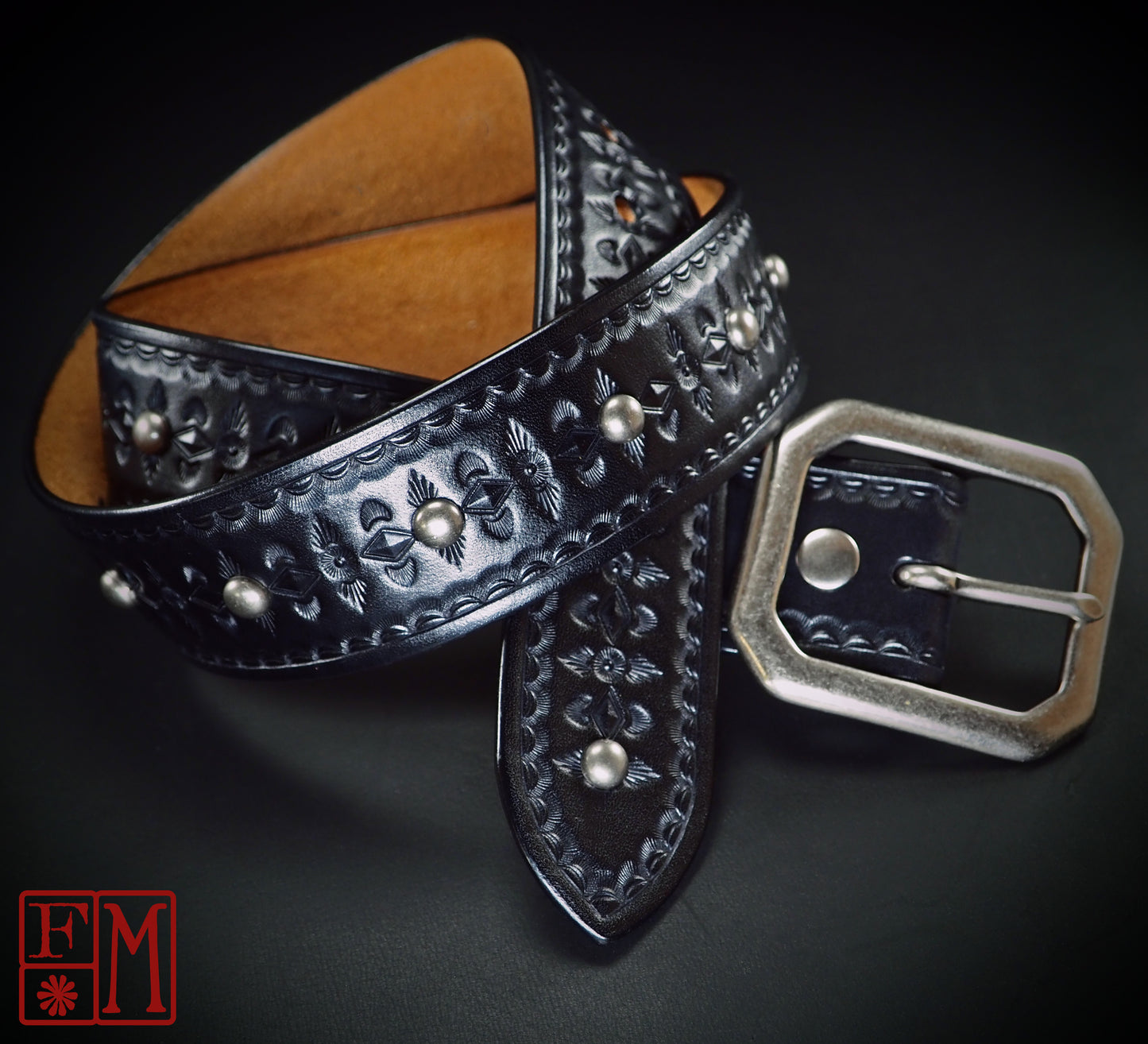 Hand studded Hand tooled and stamped belt 1-3/4"