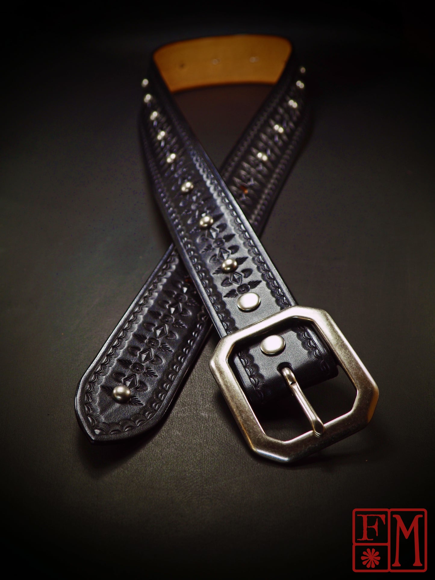 Hand studded Hand tooled and stamped belt 1-3/4"