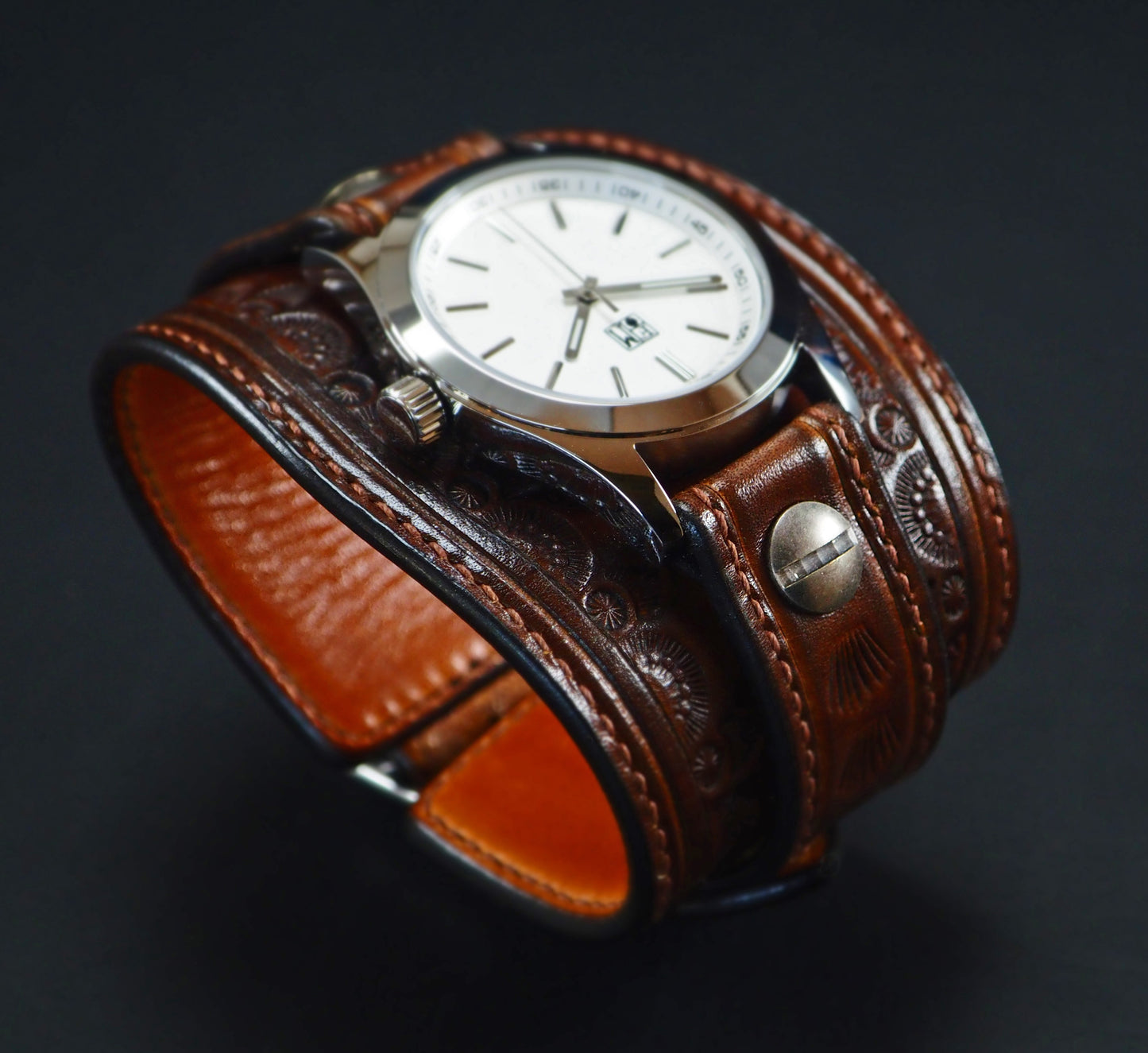 Western hand stamped Leather cuff watch bright face : Rich tones leather watchband. Hand Made In New York