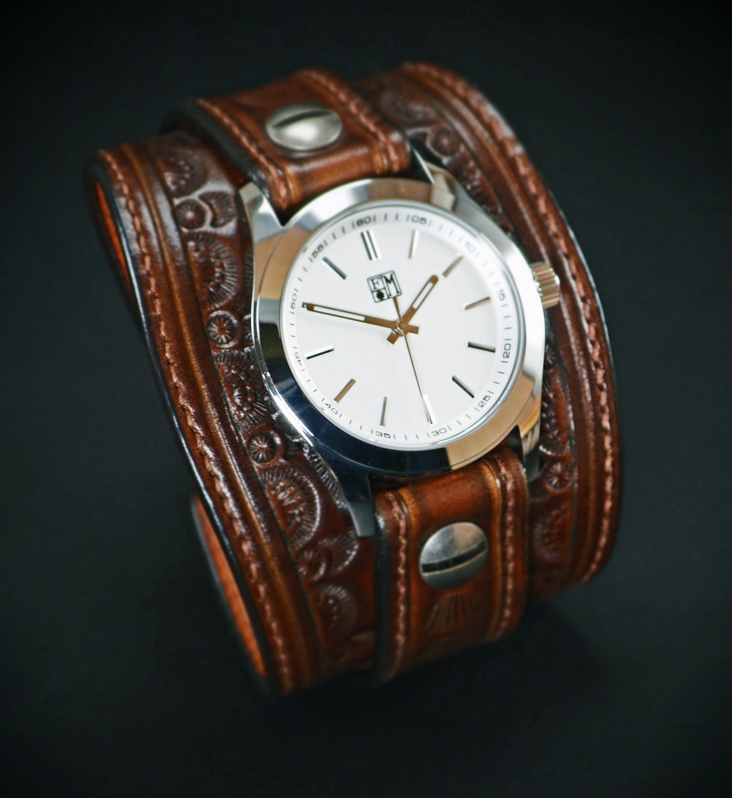 Western hand stamped Leather cuff watch bright face : Rich tones leather watchband. Hand Made In New York